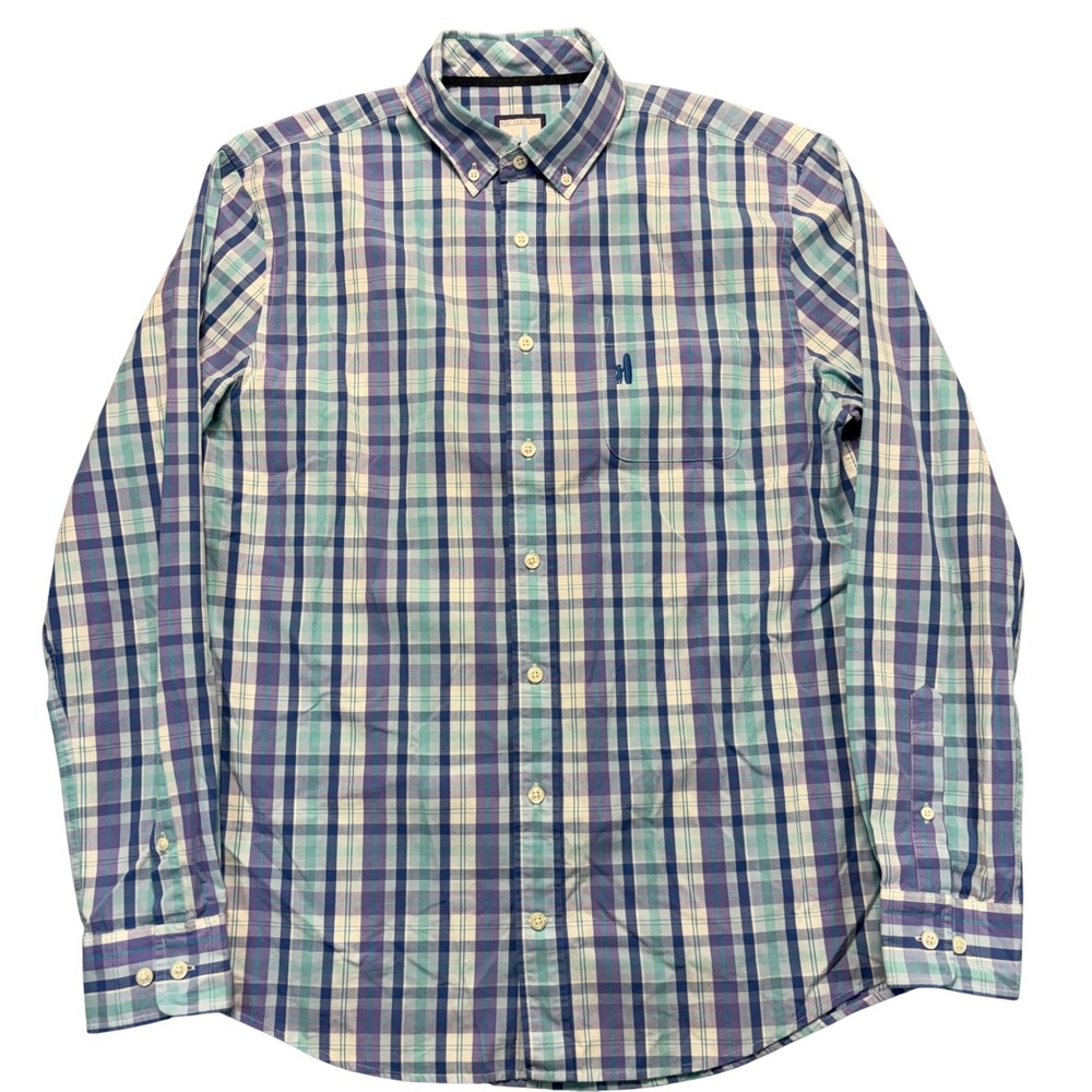 johnnie-O Mens Riviera Plaid Button Down Shirt Blue Teal Purple Medium